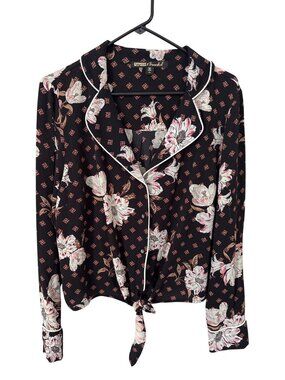 Gypsies and Moondust Blouse Size XL Floral Tie Front Button Up Black Multi Boho